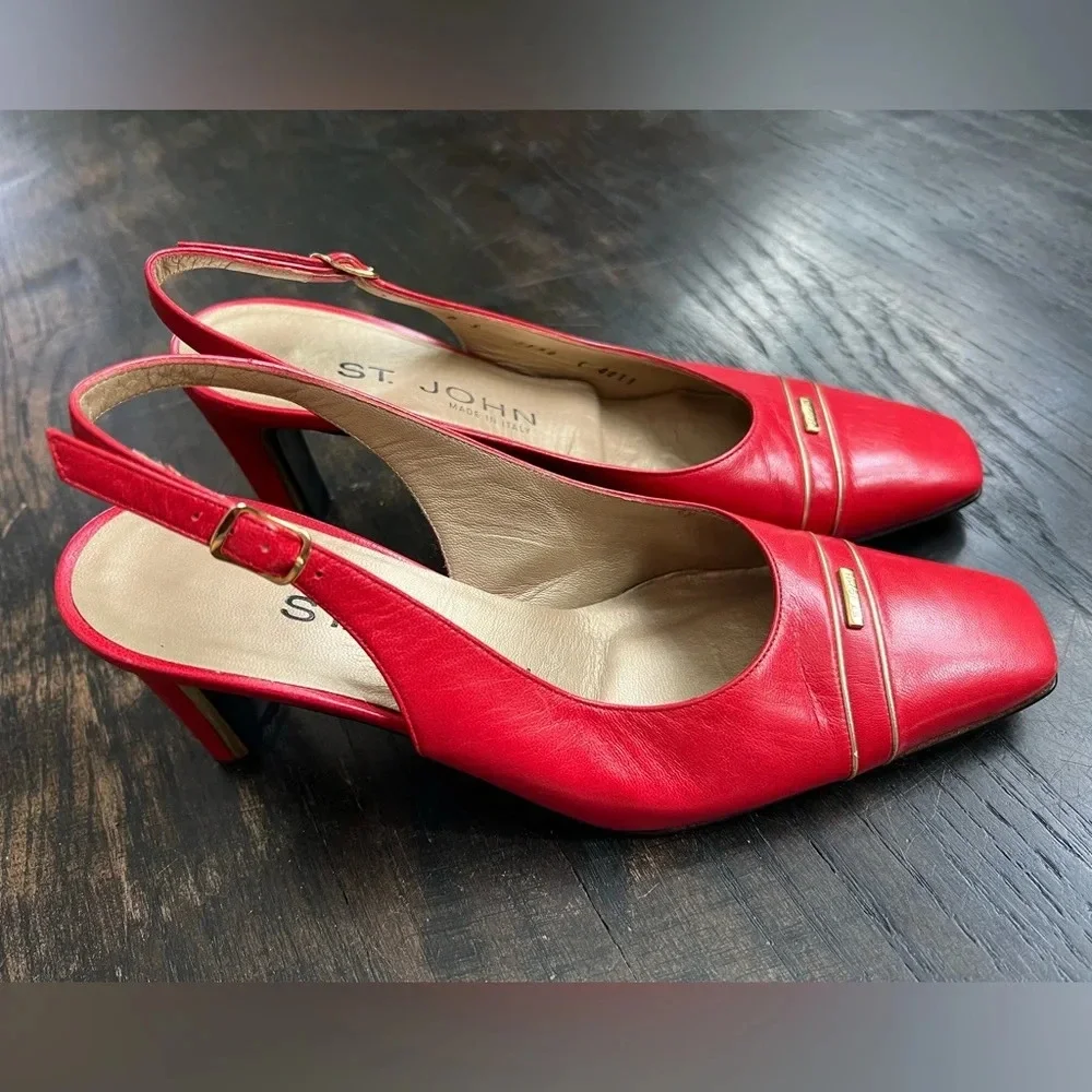 St. John Women’s Cherry Red Classic Retro Leather Slingback Pump Heels 5